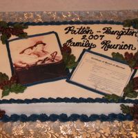Family Reunion Photo Cake 1/2 yellow, 1/2 choc w/ BC frosting and edible images. Colors didn't show very well but borders are navy blue with fall leaves in...