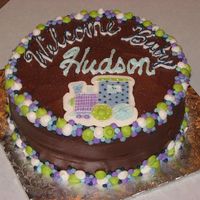 Train Baby Shower Choc. cake, choc. frosting w/FBCT train and BC "bubbles"