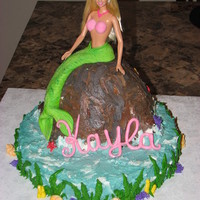 Mermaid Cake Choc cake with Barbie mermaid. Bc with fondant tail and lettering. Had a lot of fun doing this one as I haven't before.