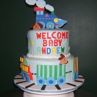 Baby Boy Shower Cake Train cake designed after a bedding set from Pottery Barn Kids.