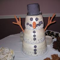 Snowman This cake was one of the funnest cakes I have done it is 12x3 10x3, 8x3 the hat is card board covered in MMF the nose, arms, eyes, buttons...
