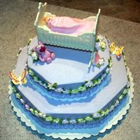 Baby Shower Cake Buttercream icing, royal icing flowers and butterflies, white chocolate crib, MMF stuffed animals and baby.