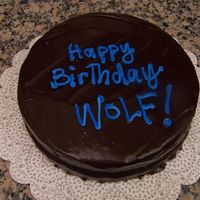 Birthday Cake Here is a picture of the cake I made for a friend's (who goes by the name "Wolf") birthday. It was a devils food cake...