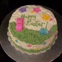 Easter Cake My son wanted me to use his ideas on this cake. Chocolate cake with vanilla frosting. "Grass" with bunny Peep, and MMF flower cut...
