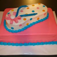 Flip-Flop On Over! 9 x13 with flip flop carved from 8 inch round. polka dots are fondant and straps are blue twizzlers.