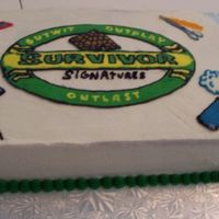 Hairdresser Survivor Cake This was done for my sister's staff meeting. Theme was survivor. The logo and accesories were all done by frozen buttercream transfer...