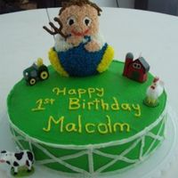 Farmer Cake Farmer cake for a 1st birthday. Pitchfork is made of chocolate, the farmer was made from the mini cuddly bear pan.