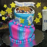High School Musical This is my first attempt at a topsy turvy cake. All fondant with an edible image on top....