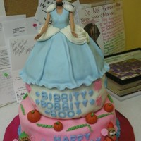 Cinderella Cake Three tier Cinderella birthday cake. 10", 8", and doll pan cake. Had to break barbies legs off lol. Mice made with fondant. Cakes...