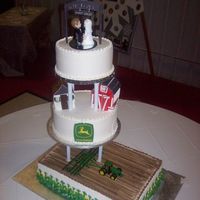 John Deere Wedding Cake she wanted to surprise her husband with a john deere cake, as hes a farmer.the sign( above the bride and groom) and house and barn are made...