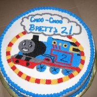 Thomas The Train/ Tank Engine Yellow butter cake filled with chocolate BC. Iced all in BC. My first EVER birthday cake made for a friend.