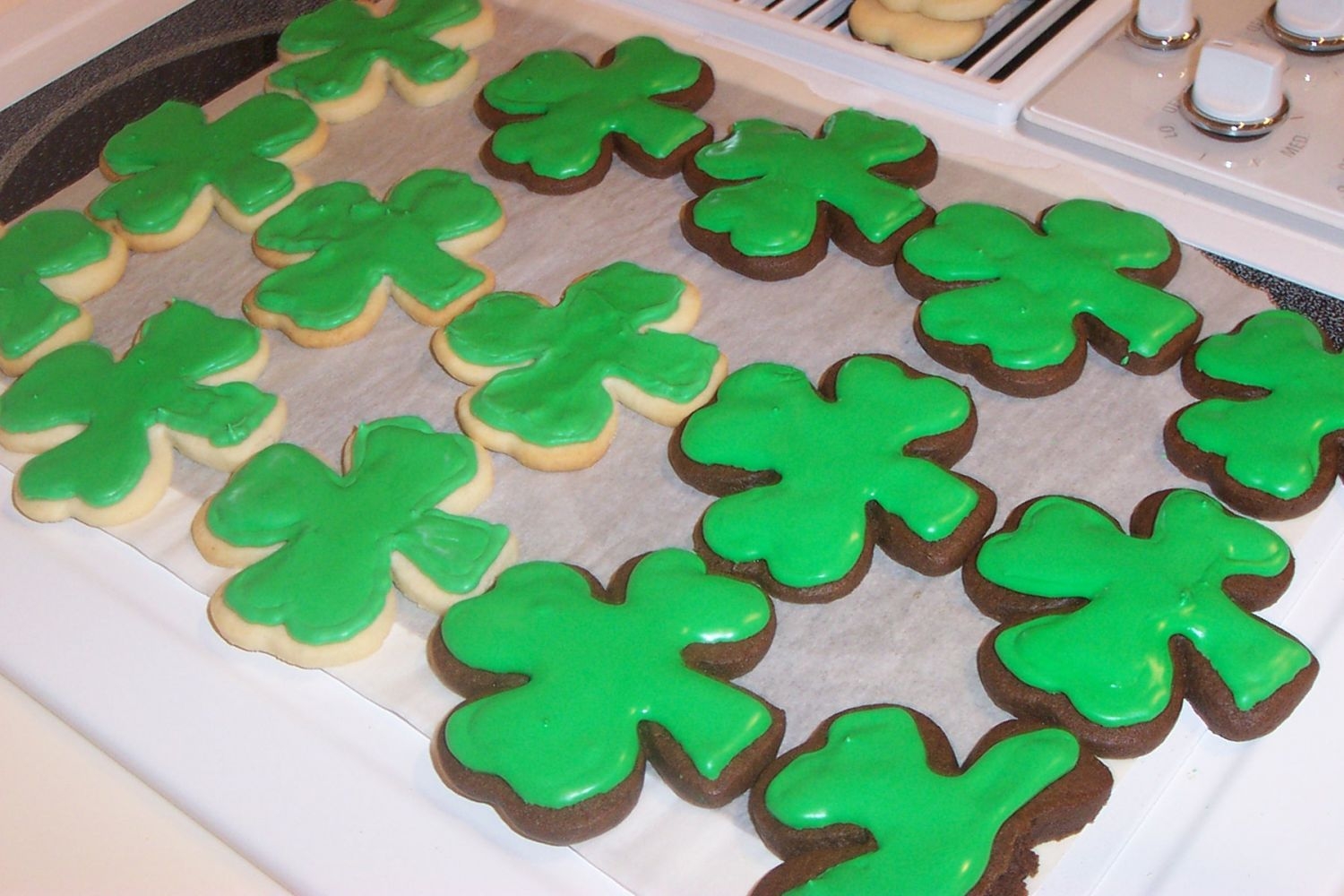 St. Patty's Day Chocolate & Sugar Shamrock Cookies Some No Fail Sugar Cookies and Rolled Chocolate Cookies with royal icing. I just took a quick shot of them as they were drying, waiting to...