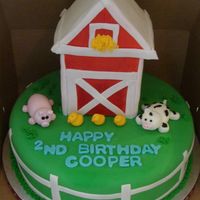 Barn And Friends Barn sculpted out of styrofoam, covered in fondant and airbrushed red. hand made fondant farm animals. Cake covered in MMF, with Ranch...