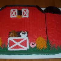 Barn Birthday This was just a half sheet cake I used and cut a roof line at the top to make it barn shaped. I used just buttercream icing for decorating...