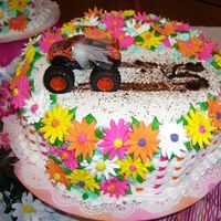 Bride And Groom Muddin Cake Basket weave butter cream cake with a toy monster truck with bride driving while dragging the groom behind. Flowers made of royal icing.