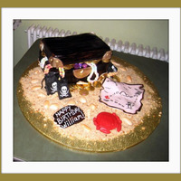 William's Treasure Chest Everything edible...Choc cake Choc buttercream, Fondant Treasure chest filled with candies...crushed vanilla wafer "sand", white...