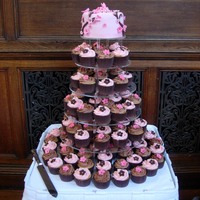 Pink Blossom Cupcake Tower Wedding cupcake tower for a wedding in a grand old hall.