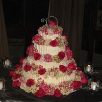 Round Tiers W/hydrangeas And Roses French vanilla cake with vanilla bavarian cream filling. Fresh roses and hydrangeas over BC swirled icing.
