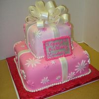 Pink Square Tier With Daisy Cutouts Two tone pink square tiers with gumpaste bow. Ribbons and pearls are fondant. All accents are dusted with pearl and silver luster dust.