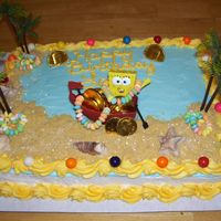 Spongebob cake is 1/2 sheet with 1/2 white and 1/2 chocolate decorated with buttercream icing and plastic decorations. sand is graham cracker crumbs...