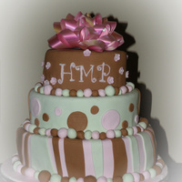 Girl Baby Shower Pink, Brown and Sage Green were the nursery colors. Yellow cake covered in Fondant. Monogram is buttercream. Bow is not edible. I made 5...