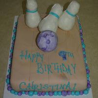 Bowling Birthday Cake 11x15 sheet cake covered in satin ice fondant. Bowling ball and pins are RKT covered in Michelle fosters delicious fondant.