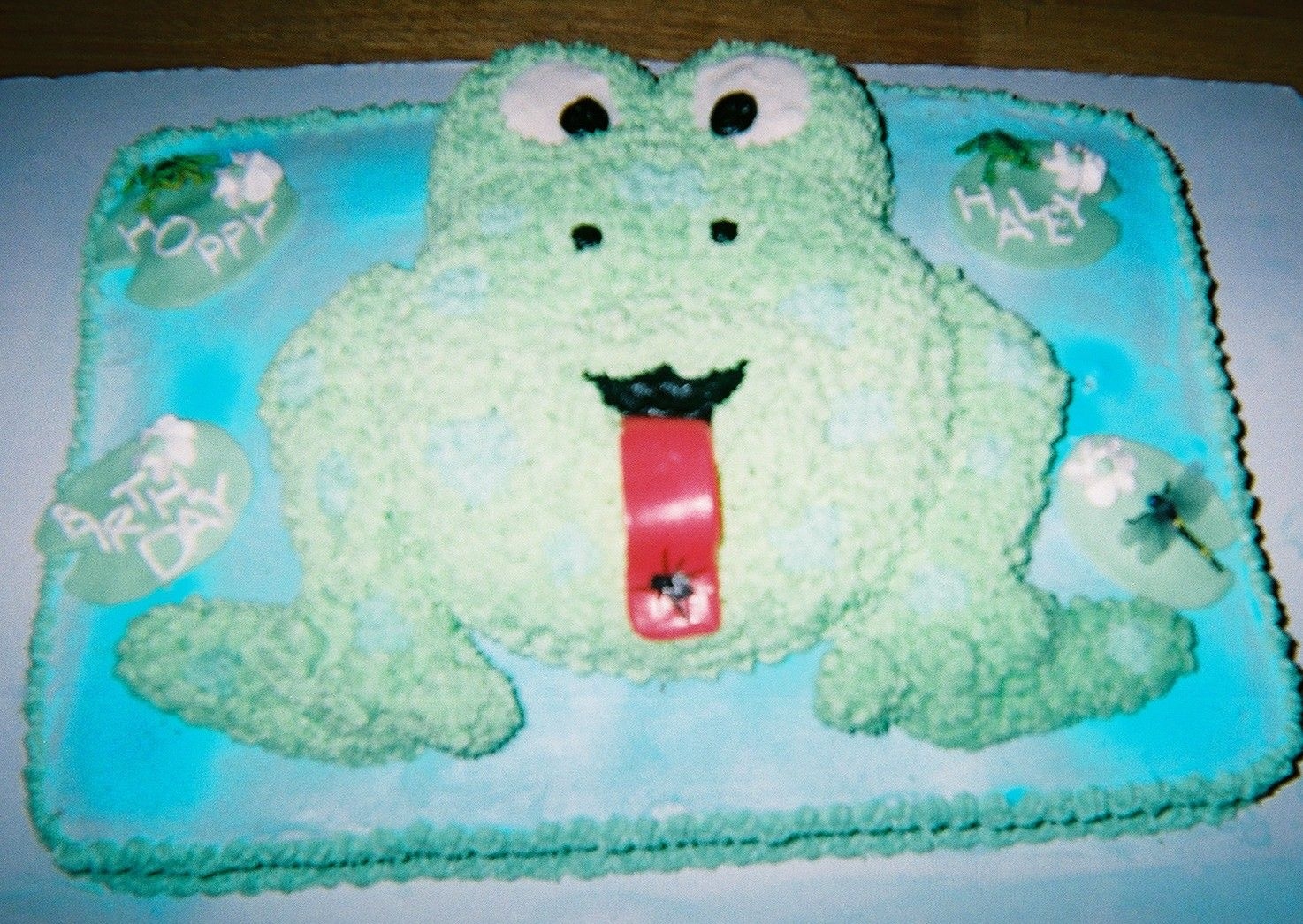 Frog Birthday Cake Pic. of frog on a sheet cake