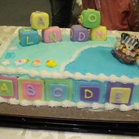 Baby Shower 1/13/07 This is my first "real" cake. I used a 10.5x14.75 inch pan and 3 mixes of cake. I forgot to line the board, but it turned out...
