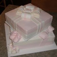 Baby Shower Cake For Twin Girls! Bow's, booties, and box sides all fondant, rest is buttercream.