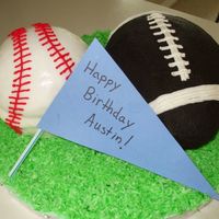 Baseball And Football These were for a 2-year old's birthday party. Baseball cake covered in rolled buttercream, football cake in dark chocolate buttercream...