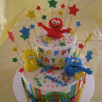 Sesame Street Cake for a little boy's 3rd b'day. Chocolate and vanilla cakes covered in buttercream icing. Decorations, including the...