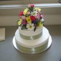 Bridal Shower 2 Tiered Cake This was my first attempt to do a tiered cake and a fresh floral arangement. I think the flowers are a little too big for the cake, but...