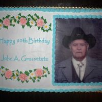 80Th Birthday Party Full Sheet - half white, half chocolate - Buttercream frosting. Decorated with royal icing roses and daisies. Used a edible image that I...