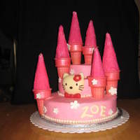Hello Kitty Castle Hello Kitty Castle cake for a little girls birthday! Ice cream cone "castle peaks". Hello Kitty face made with chocolate and a...