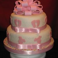 Pink Onsie And Footprints 10" and 8" fondant covered with fondant and buttercream accents. Bow is pre-made wilton 61/2 " First fondant cake on my own...