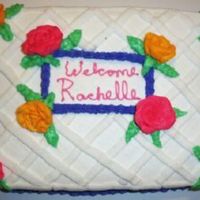 Welcome A cake I made to welcome a new assistant manager to our store. All buttercream. Wasn't very happy with the writing and the boarder...