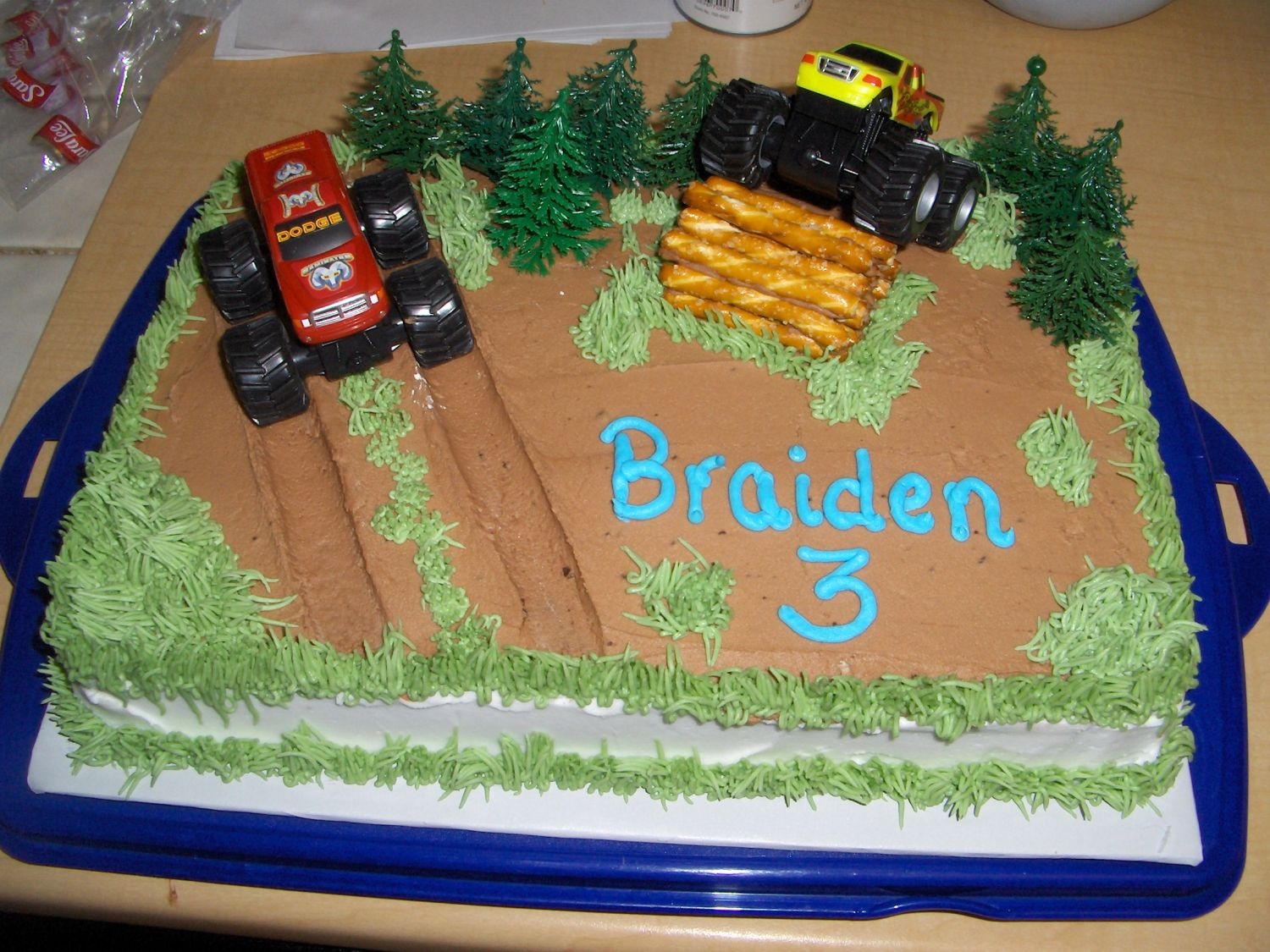 Monster Trucks My nephew wanted monster trucks for his birthday so with some pretzels for logs and chocolate pudding for a mud pit. He got his monster...