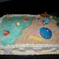 Ready For The Beach Beach themed birthday cake! I used piping gel tinted for the water andcrushed vanilla wafers for the sand. Then, I made white chocolate sea...