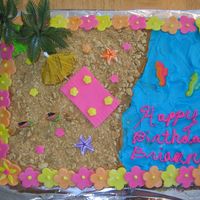 Hawaii Cake Thanks to cakesherway for inspiration. Bc frosting-sand is graham crackers-decorated with fondant flowers and towel. Trees and hula dancers...