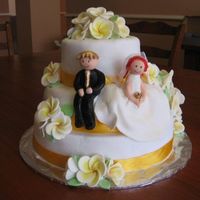 Bride And Groom The front of the cake with the bride and groom sitting on the side. I made them out of moulding paste (my first couple). Red and gold hair...