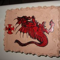 Red Dragon This is a white cake with chocolate buttercream, the dragon was drawn on red gumpaste and painted with black food coloring deluted with...