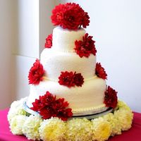 Dahlias And Dots This cake was covered in white chocolate fondant and decorated with piped dots and fresh dahlias.