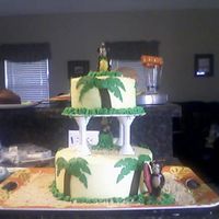 Taite's Monkey Cake White cake with yellow Buttercream, palm trees are fondant and grass is buttercream. the monkeys are candles. Sand is gram crackers crushed...