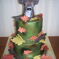Deer Buttercream WASC, airbrushed, gumpaste leaves, also airbrushed, modeling chocolate sticks. The topper is a hitch cover from Bass Pro Shop!...