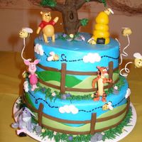 Pooh And Friends Bc covered cakes with fondant details. Characters are plastic...tree, bees and bee hive are made from fondant