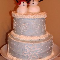 Snowflake/ Snowman Cake Buttercream frosting with RI snowflakes, fondant snowmen