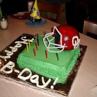 Boomer Sooner! 10" field, helmet carved from the sports ball pan. Pipe cleaners for the face mask. Chocolate & vanilla cakes with cookies &...