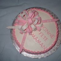 Birthday Loop 2 layer birthday cake for 92 year old!; white buttercream trimmed with pink shell border & multi-loop bow in pink & white