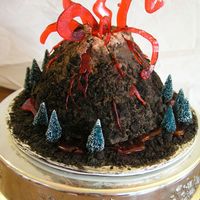 Volcano Made by 5 yr old boy! big ol' chocolate cake! covered in choc. frosting & cookie crumbs...store bought trees and red sugar lava...