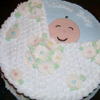 Julies Baby Shower Cake View I I made this cake for my sister-in-law who saw this in a wiltons book. I made it with whip frosting and the babies face with fondant.